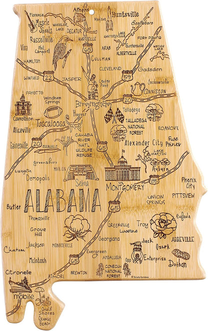 Destination Alabama State Shaped Cutting Board | State charcuterie serving board with engraved map artwork. Smooth reverse side for food prep. Hang tie for wall display.