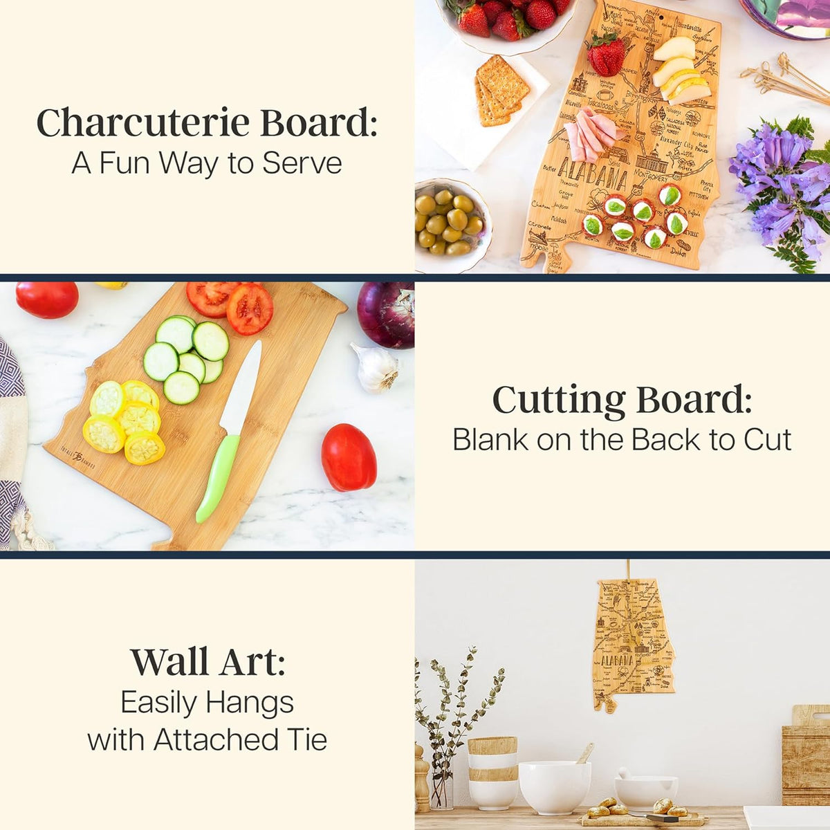 Destination Alabama State Shaped Cutting Board | State charcuterie serving board with engraved map artwork. Smooth reverse side for food prep. Hang tie for wall display.