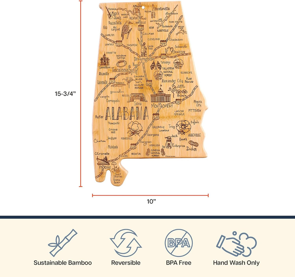 Destination Alabama State Shaped Cutting Board | State charcuterie serving board with engraved map artwork. Smooth reverse side for food prep. Hang tie for wall display.