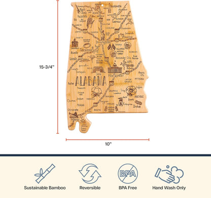 Destination Alabama State Shaped Cutting Board | State charcuterie serving board with engraved map artwork. Smooth reverse side for food prep. Hang tie for wall display.