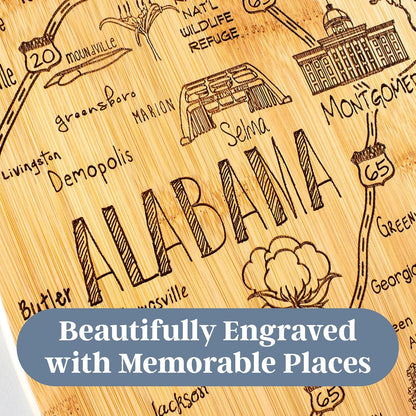 Destination Alabama State Shaped Cutting Board | State charcuterie serving board with engraved map artwork. Smooth reverse side for food prep. Hang tie for wall display.