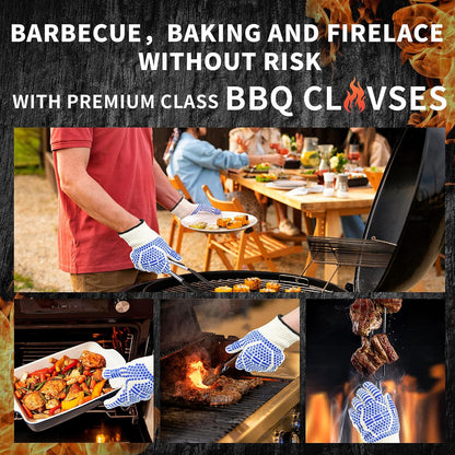 BBQ Gloves, Oven Gloves Extreme Heat & Cut Resistant Oven Mitts with Fingers for BBQ, Cooking, Grilling, Baking Grilling Gloves Silicone Non-Slip Oven Mitts, Kitchen Gloves (Blue)