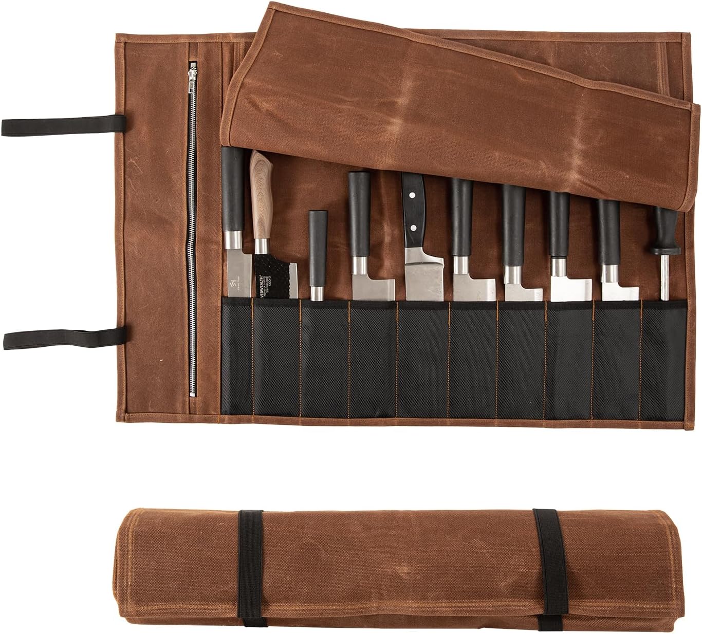 Chef Knife Roll Bag, Waxed Canvas Chef Knife Bag, Portable 10 Slots Chef Knife Case With 1 Zipper Pockets, Can Hold Home Kitchen Knife Tools Knife slot wide To 2.17”, Duty Knives Roll Bags for Chef