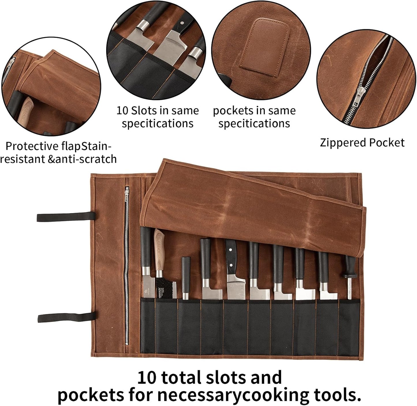 Chef Knife Roll Bag, Waxed Canvas Chef Knife Bag, Portable 10 Slots Chef Knife Case With 1 Zipper Pockets, Can Hold Home Kitchen Knife Tools Knife slot wide To 2.17”, Duty Knives Roll Bags for Chef