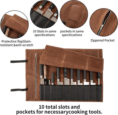 Chef Knife Roll Bag, Waxed Canvas Chef Knife Bag, Portable 10 Slots Chef Knife Case With 1 Zipper Pockets, Can Hold Home Kitchen Knife Tools Knife slot wide To 2.17”, Duty Knives Roll Bags for Chef