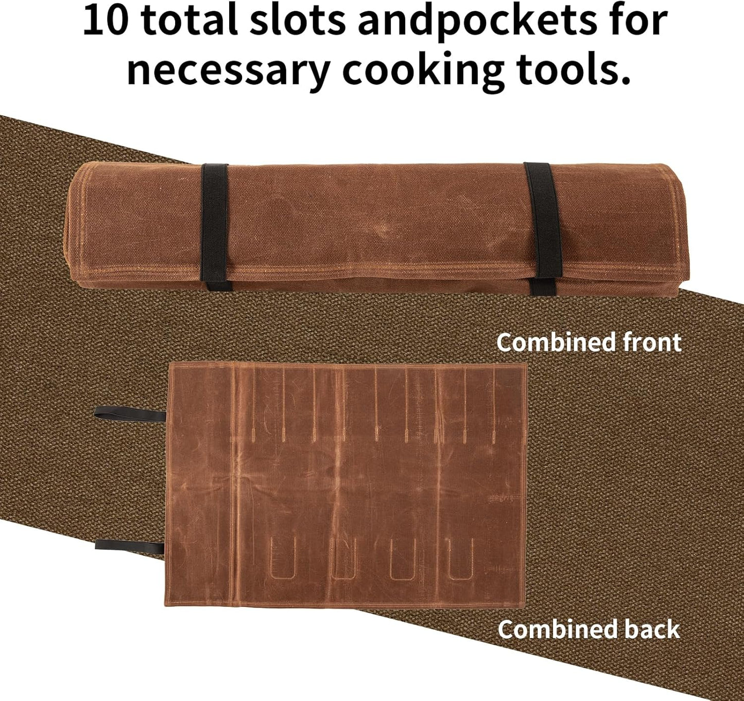 Chef Knife Roll Bag, Waxed Canvas Chef Knife Bag, Portable 10 Slots Chef Knife Case With 1 Zipper Pockets, Can Hold Home Kitchen Knife Tools Knife slot wide To 2.17”, Duty Knives Roll Bags for Chef