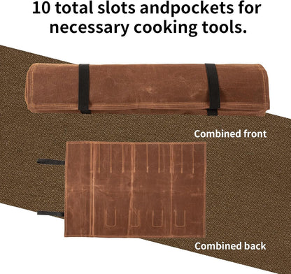 Chef Knife Roll Bag, Waxed Canvas Chef Knife Bag, Portable 10 Slots Chef Knife Case With 1 Zipper Pockets, Can Hold Home Kitchen Knife Tools Knife slot wide To 2.17”, Duty Knives Roll Bags for Chef