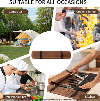 Chef Knife Roll Bag, Waxed Canvas Chef Knife Bag, Portable 10 Slots Chef Knife Case With 1 Zipper Pockets, Can Hold Home Kitchen Knife Tools Knife slot wide To 2.17”, Duty Knives Roll Bags for Chef