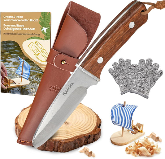 Kids Whittling Knife Set, First Pocket Knife Kit for Beginner with Rounded Tip & Sheath, Olive Wood Handle, Safe Kids Knife for Camping, Boy Scout Bushcraft