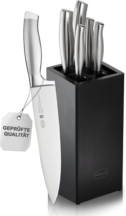 RÖSLE Ceppo portacoltelli da 6 pezzi della linea Basic, di alta qualità, in legno di bambù, con 5 coltelli filati, in acciaio speciale per lame e acciaio inox 18/10, manico ergonomico