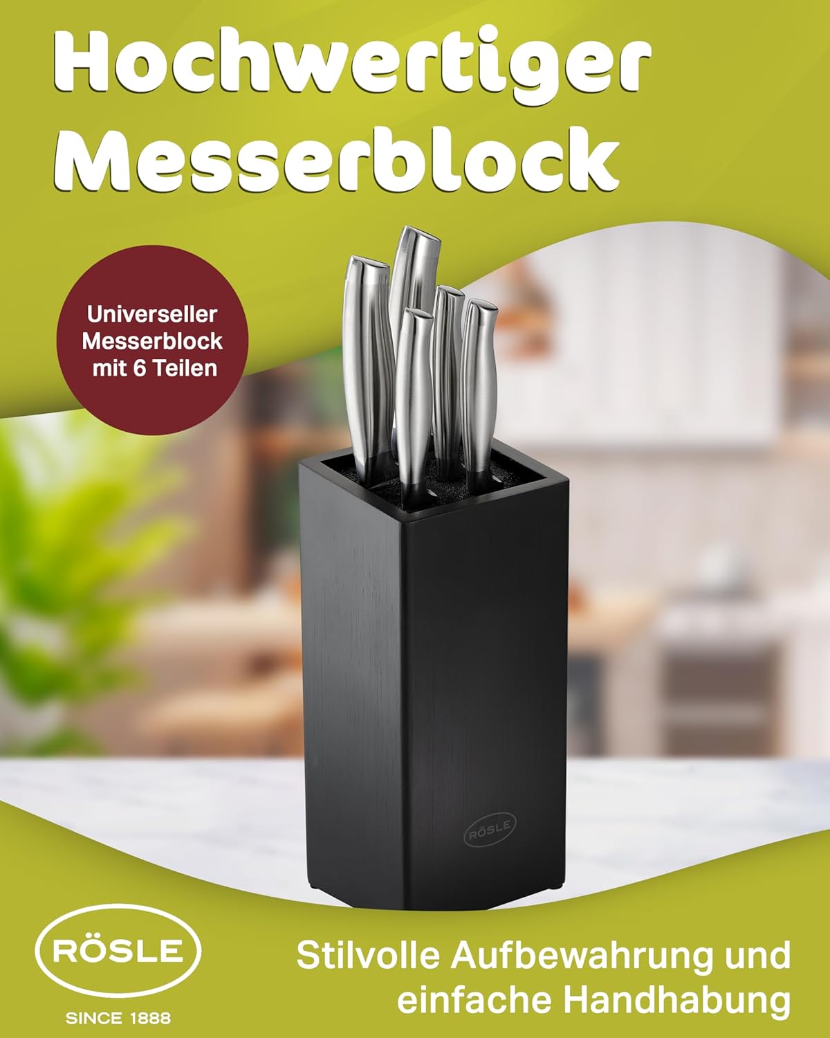RÖSLE Ceppo portacoltelli da 6 pezzi della linea Basic, di alta qualità, in legno di bambù, con 5 coltelli filati, in acciaio speciale per lame e acciaio inox 18/10, manico ergonomico