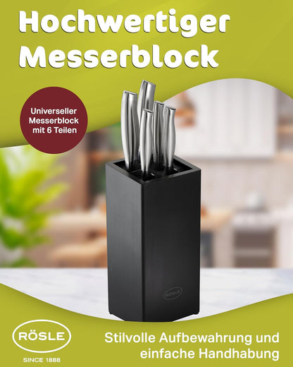 RÖSLE Ceppo portacoltelli da 6 pezzi della linea Basic, di alta qualità, in legno di bambù, con 5 coltelli filati, in acciaio speciale per lame e acciaio inox 18/10, manico ergonomico