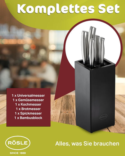 RÖSLE Ceppo portacoltelli da 6 pezzi della linea Basic, di alta qualità, in legno di bambù, con 5 coltelli filati, in acciaio speciale per lame e acciaio inox 18/10, manico ergonomico