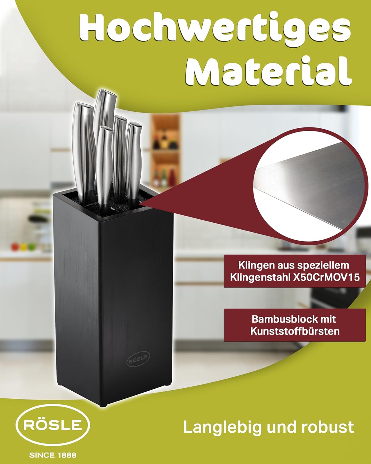 RÖSLE Ceppo portacoltelli da 6 pezzi della linea Basic, di alta qualità, in legno di bambù, con 5 coltelli filati, in acciaio speciale per lame e acciaio inox 18/10, manico ergonomico