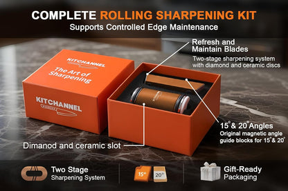 Rolling Knife Sharpener Kit, Diamond & Ceramic Sharpening Discs, 15° & 20° Magnetic Angle Guide, Fast & Safe Sharpening System for Kitchen, Chef & Pocket Knives, Razor Sharp Edge