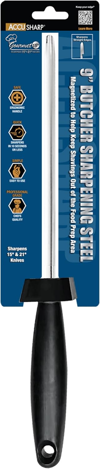 AccuSharp Butcher Sharpening Steel – 9” Knife Honing Rod with Angle Guides (15°/21°), Magnetized Professional Knife Sharpener Rod for Kitchen & Chef Use