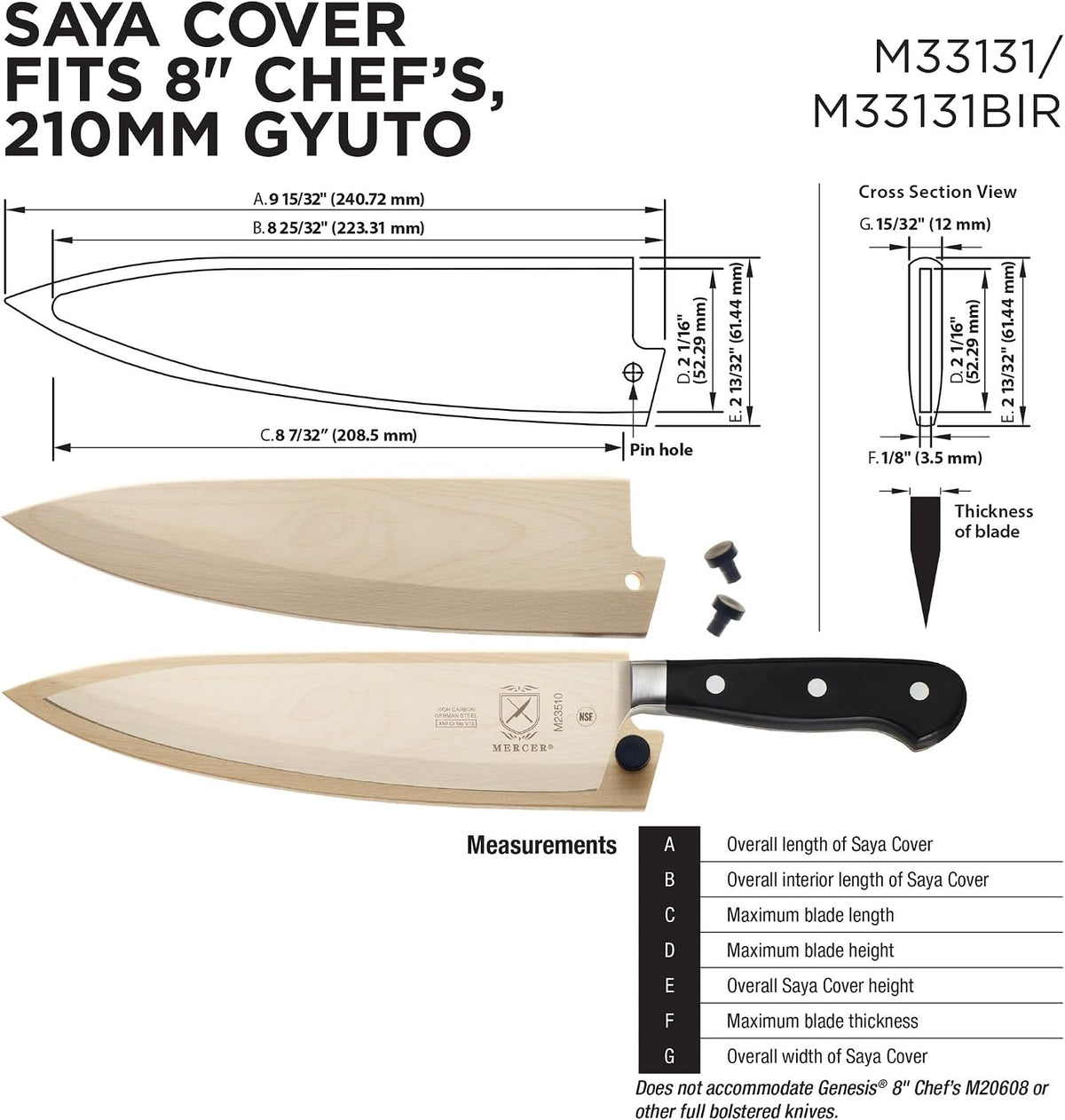 Birch Wood Saya Cover Blade Protector for 7" Santoku Knives