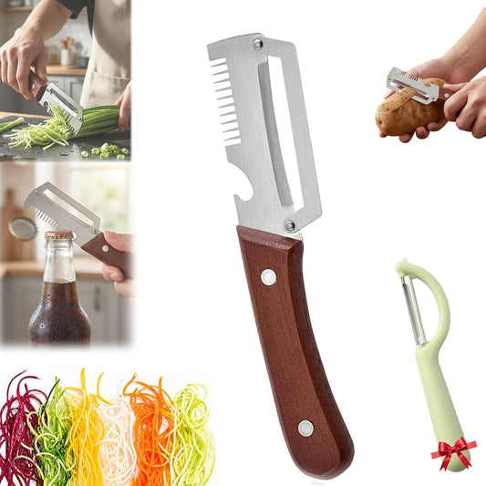 2-in-1 Serrated Peeling Knife Premium Vegetable Peeler, Ultra-Sharp Stainless Steel Blade with Wooden Handle & Built-in Bottle Opener, Multi-Function Kitchen Tool for Fruits, Veggies & Potatoes (1PC)