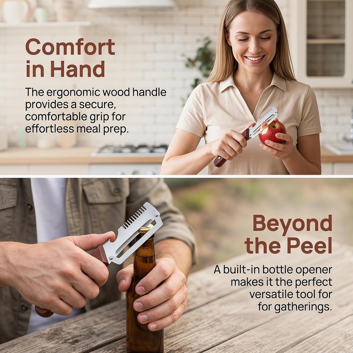 2-in-1 Serrated Peeling Knife Premium Vegetable Peeler, Ultra-Sharp Stainless Steel Blade with Wooden Handle & Built-in Bottle Opener, Multi-Function Kitchen Tool for Fruits, Veggies & Potatoes (1PC)
