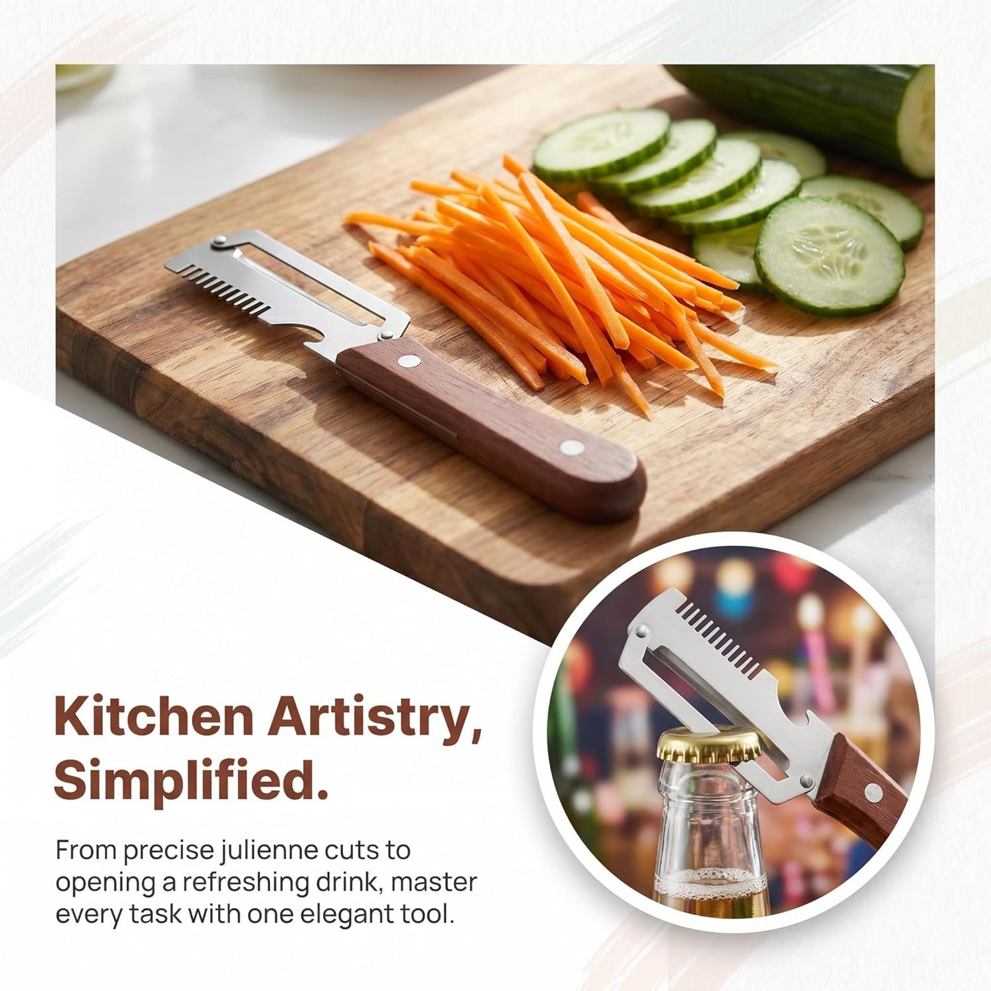 2-in-1 Serrated Peeling Knife Premium Vegetable Peeler, Ultra-Sharp Stainless Steel Blade with Wooden Handle & Built-in Bottle Opener, Multi-Function Kitchen Tool for Fruits, Veggies & Potatoes (1PC)