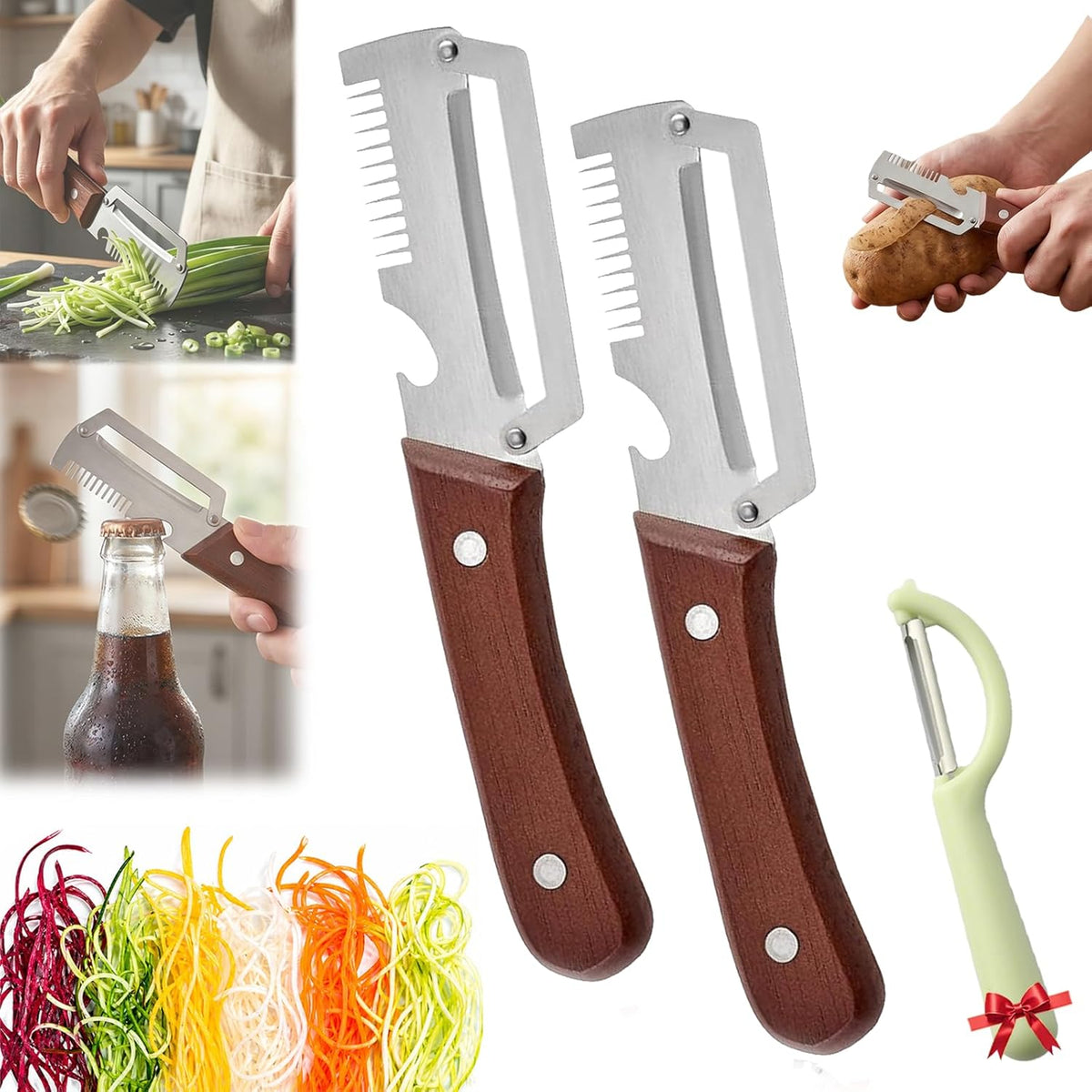 2-in-1 Serrated Peeling Knife Premium Vegetable Peeler, Ultra-Sharp Stainless Steel Blade with Wooden Handle & Built-in Bottle Opener, Multi-Function Kitchen Tool for Fruits, Veggies & Potatoes (1PC)