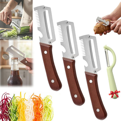 2-in-1 Serrated Peeling Knife Premium Vegetable Peeler, Ultra-Sharp Stainless Steel Blade with Wooden Handle & Built-in Bottle Opener, Multi-Function Kitchen Tool for Fruits, Veggies & Potatoes (1PC)
