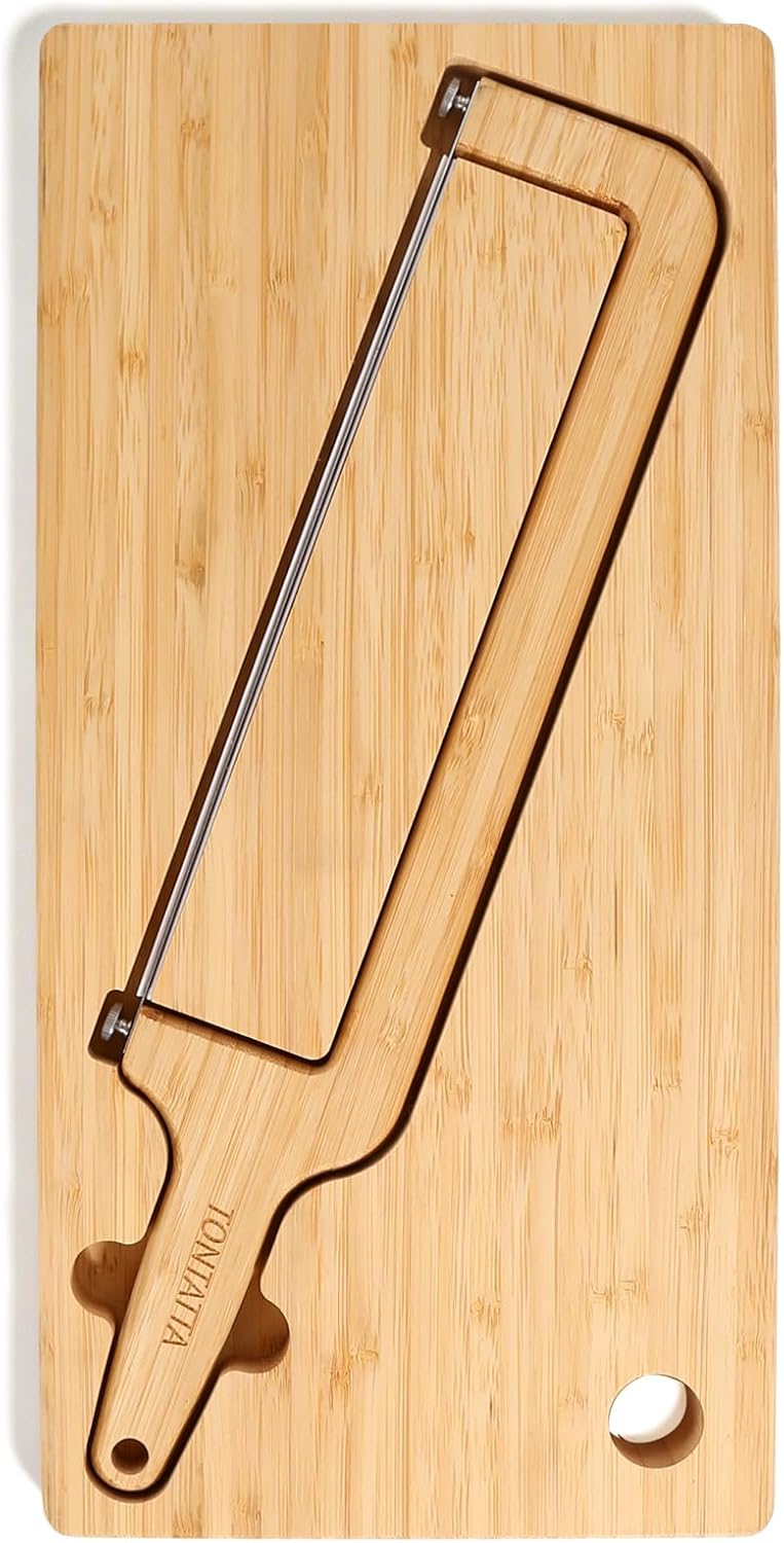 Sourdough Bread Bow Knife & Cutting Board Set with Thickness Guide, Adjustable & Magnetic Storage Ambidextrous Bread Slicer for Homemade Bread - Bamboo