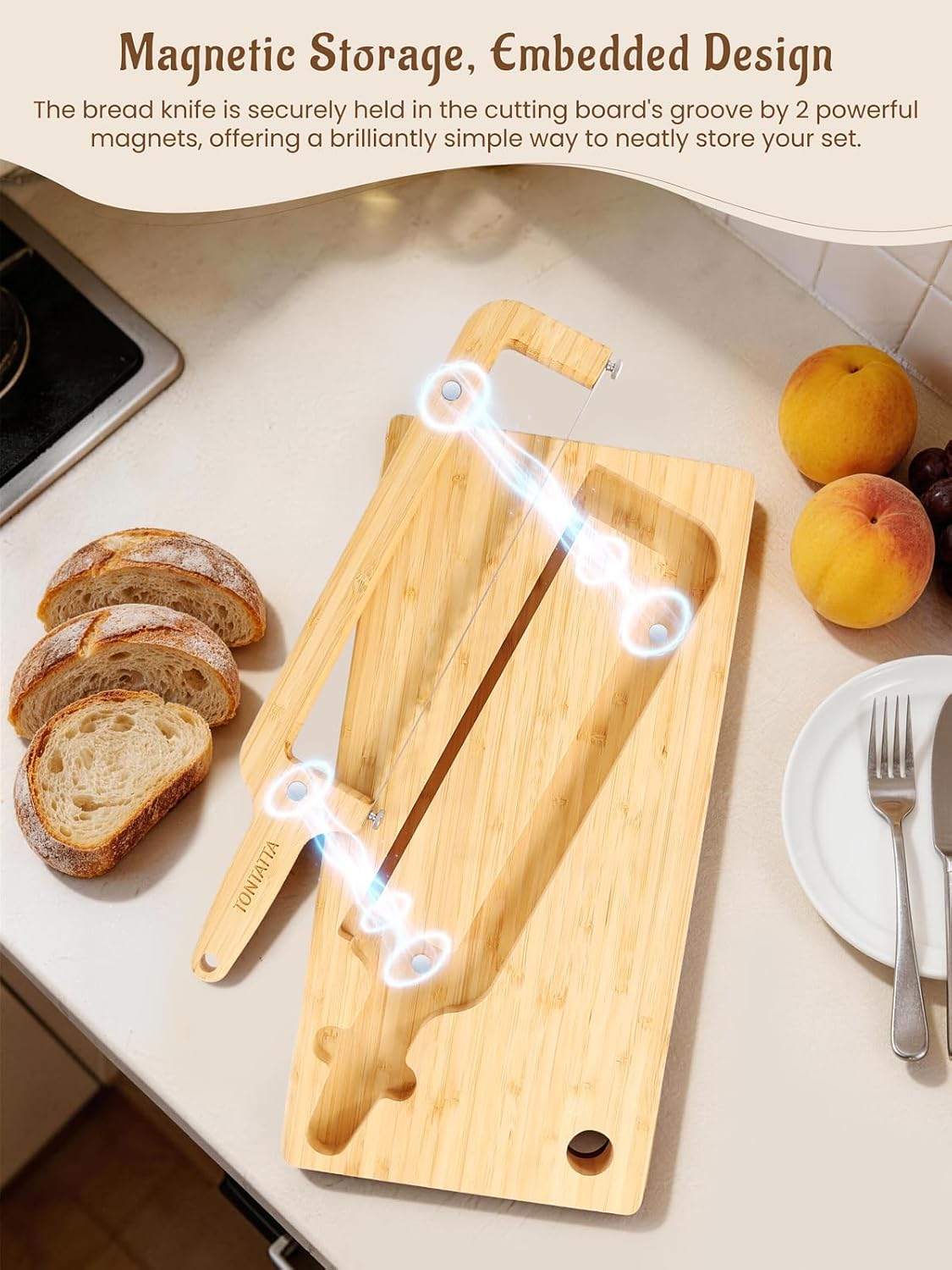 Sourdough Bread Bow Knife & Cutting Board Set with Thickness Guide, Adjustable & Magnetic Storage Ambidextrous Bread Slicer for Homemade Bread - Bamboo