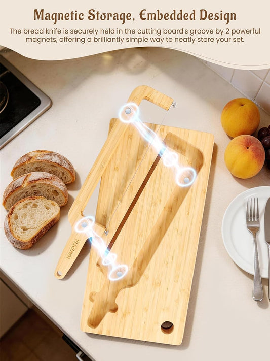 Sourdough Bread Bow Knife & Cutting Board Set with Thickness Guide, Adjustable & Magnetic Storage Ambidextrous Bread Slicer for Homemade Bread - Bamboo