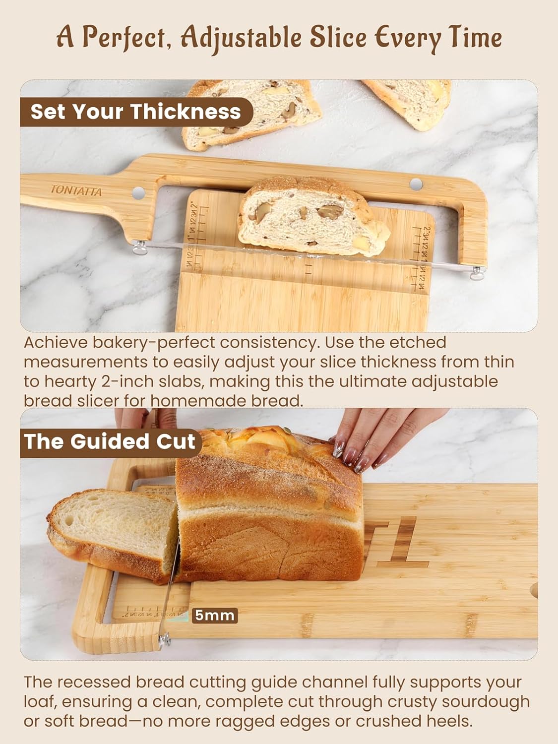 Sourdough Bread Bow Knife & Cutting Board Set with Thickness Guide, Adjustable & Magnetic Storage Ambidextrous Bread Slicer for Homemade Bread - Bamboo