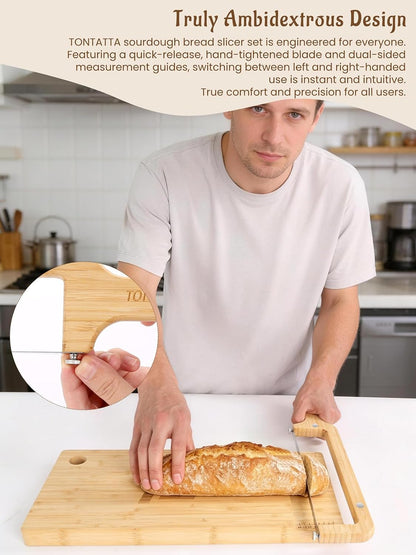 Sourdough Bread Bow Knife & Cutting Board Set with Thickness Guide, Adjustable & Magnetic Storage Ambidextrous Bread Slicer for Homemade Bread - Bamboo