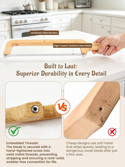 Sourdough Bread Bow Knife & Cutting Board Set with Thickness Guide, Adjustable & Magnetic Storage Ambidextrous Bread Slicer for Homemade Bread - Bamboo