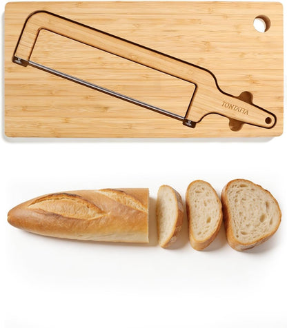 Sourdough Bread Bow Knife & Cutting Board Set with Thickness Guide, Adjustable & Magnetic Storage Ambidextrous Bread Slicer for Homemade Bread - Bamboo