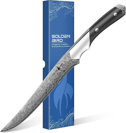 Golden Bird 8'' Damascus Breaking Knife, Gifts for Men | Japanese VG10 Steel Boning Knives with Wood Handle, Flexible Blade for Meat Cutting, Brisket Trimming, Filleting and Slicing