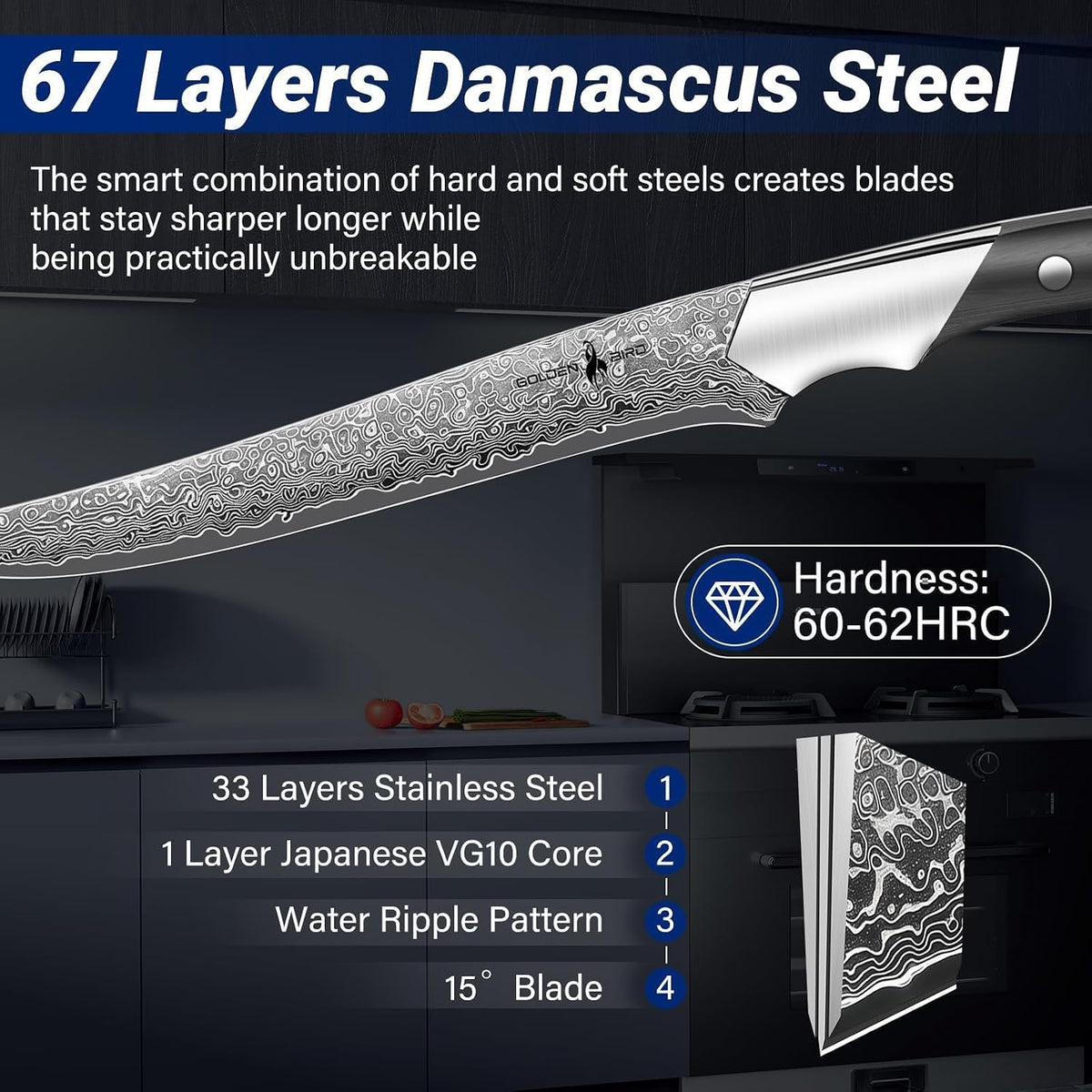 Golden Bird 8'' Damascus Breaking Knife, Gifts for Men | Japanese VG10 Steel Boning Knives with Wood Handle, Flexible Blade for Meat Cutting, Brisket Trimming, Filleting and Slicing