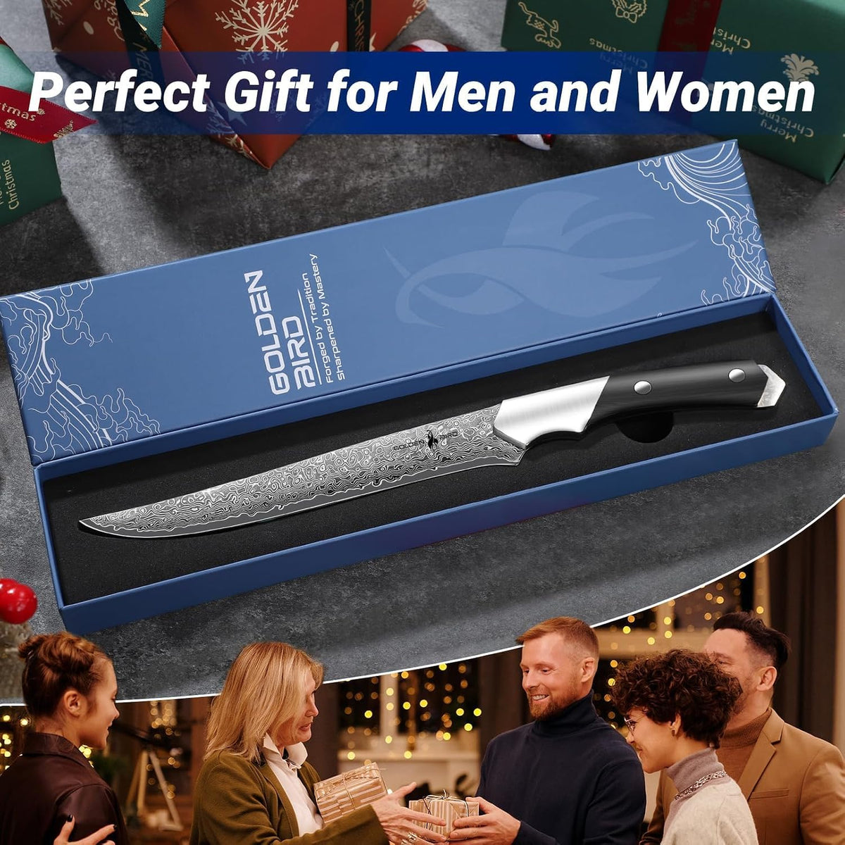 Golden Bird 8'' Damascus Breaking Knife, Gifts for Men | Japanese VG10 Steel Boning Knives with Wood Handle, Flexible Blade for Meat Cutting, Brisket Trimming, Filleting and Slicing