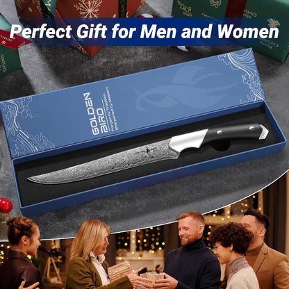 Golden Bird 8'' Damascus Breaking Knife, Gifts for Men | Japanese VG10 Steel Boning Knives with Wood Handle, Flexible Blade for Meat Cutting, Brisket Trimming, Filleting and Slicing