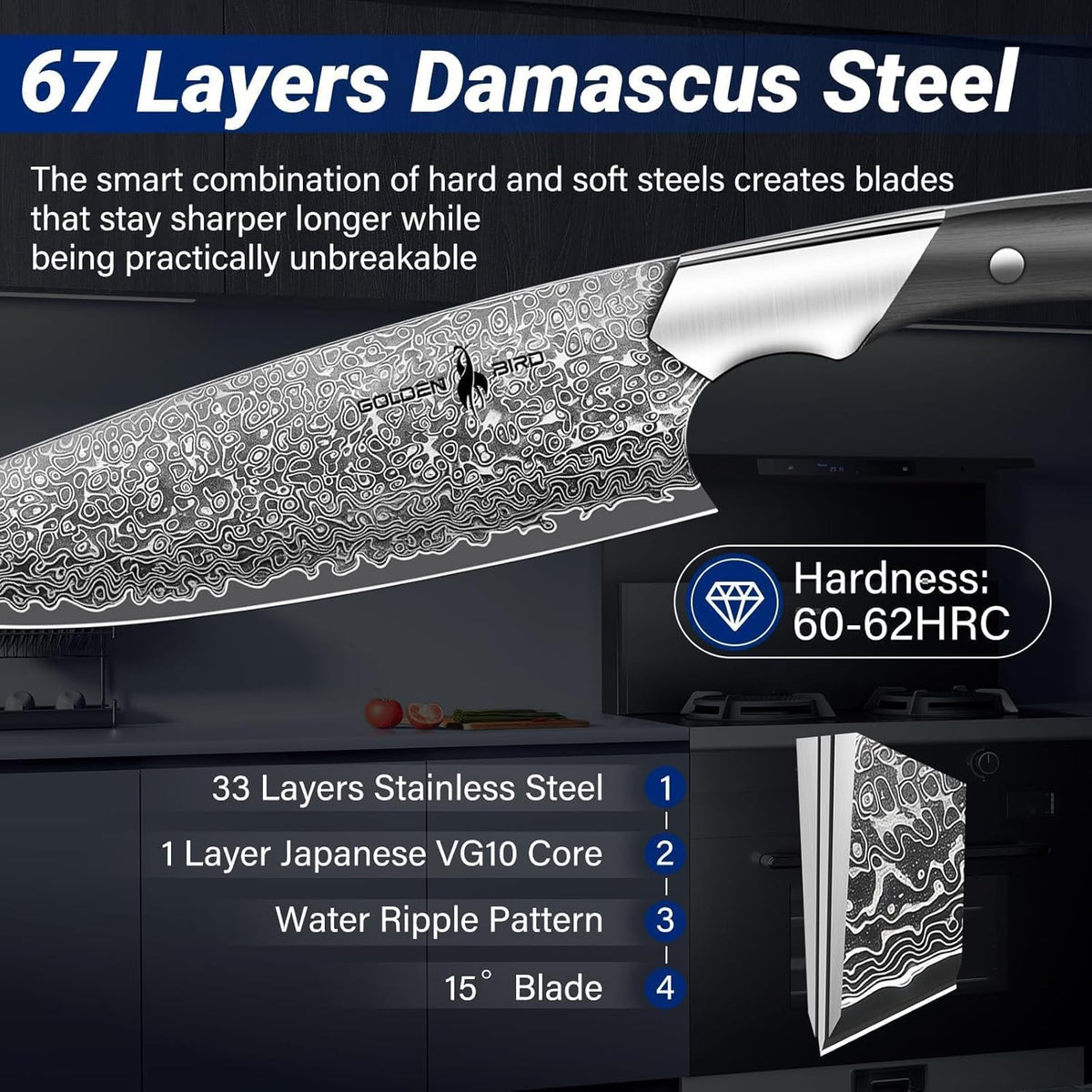 Golden Bird 8'' Damascus Breaking Knife, Gifts for Men | Japanese VG10 Steel Boning Knives with Wood Handle, Flexible Blade for Meat Cutting, Brisket Trimming, Filleting and Slicing