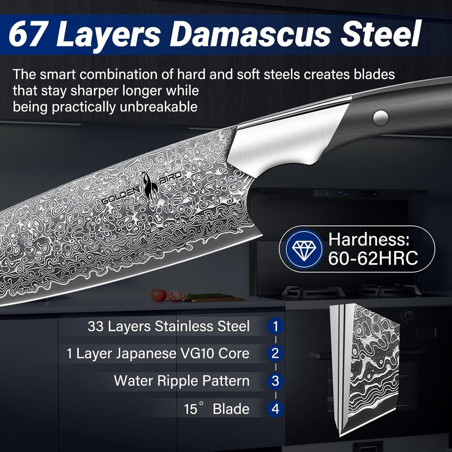 Golden Bird 8'' Damascus Breaking Knife, Gifts for Men | Japanese VG10 Steel Boning Knives with Wood Handle, Flexible Blade for Meat Cutting, Brisket Trimming, Filleting and Slicing