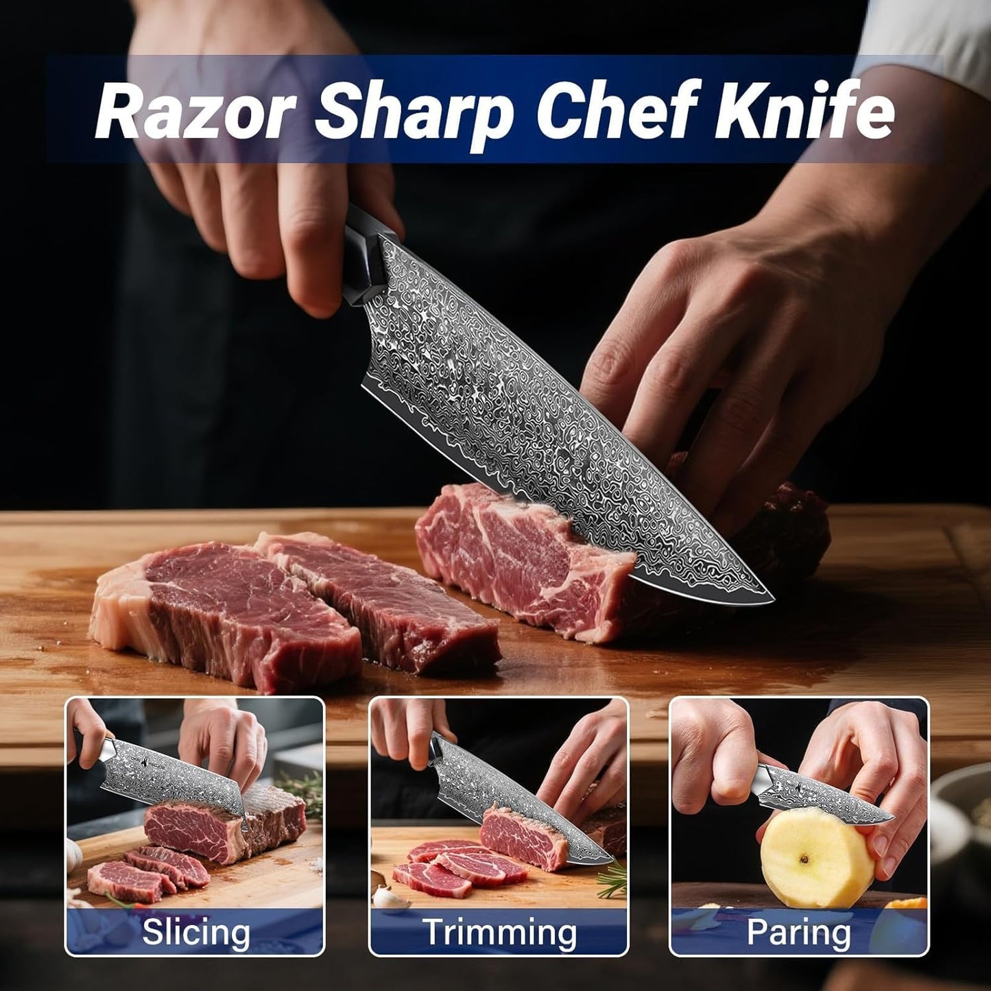Golden Bird 8'' Damascus Breaking Knife, Gifts for Men | Japanese VG10 Steel Boning Knives with Wood Handle, Flexible Blade for Meat Cutting, Brisket Trimming, Filleting and Slicing