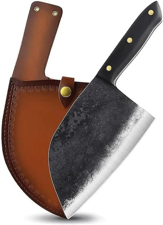 Serbian Chef Knife with Leather Sheath, Full Tang Butcher Knives | Heavy Duty Hand-Forged Meat Cleaver with Ergonomic Handle, High-Carbon Steel, Unique Sleek Design, Lasting Durability