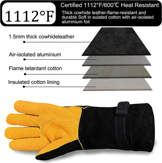 Welding Gloves, 1112°F Heat/Fire Resistant/Leather Forge Gloves, with Kevlar Stitching String, 16 inches Extra Long Sleeve and Fireproof Hook and Loop Tape,fit for Mig/Tig