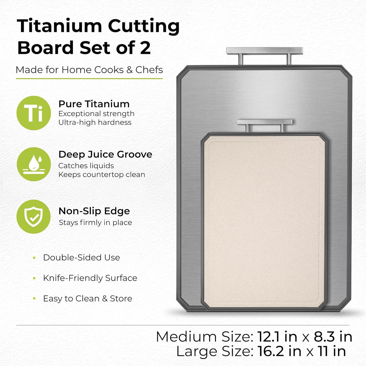 Titanium Cutting Board for Kitchen, Set of 2, Double Sided Cutting Boards, Pure Titanium/PP, Chopping Board with Juice Grooves, Dishwasher Safe, Medium 12.1" by 8.3" and Large 16.2" by 11"