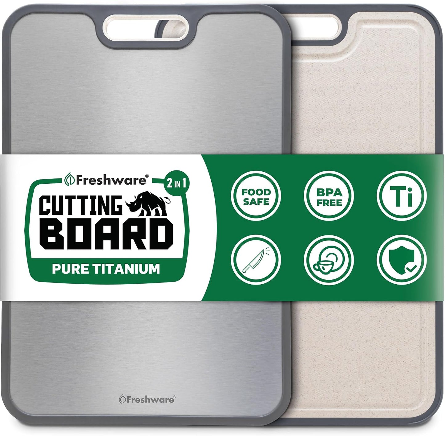Titanium Cutting Board for Kitchen, Set of 2, Double Sided Cutting Boards, Pure Titanium/PP, Chopping Board with Juice Grooves, Dishwasher Safe, Medium 12.1" by 8.3" and Large 16.2" by 11"