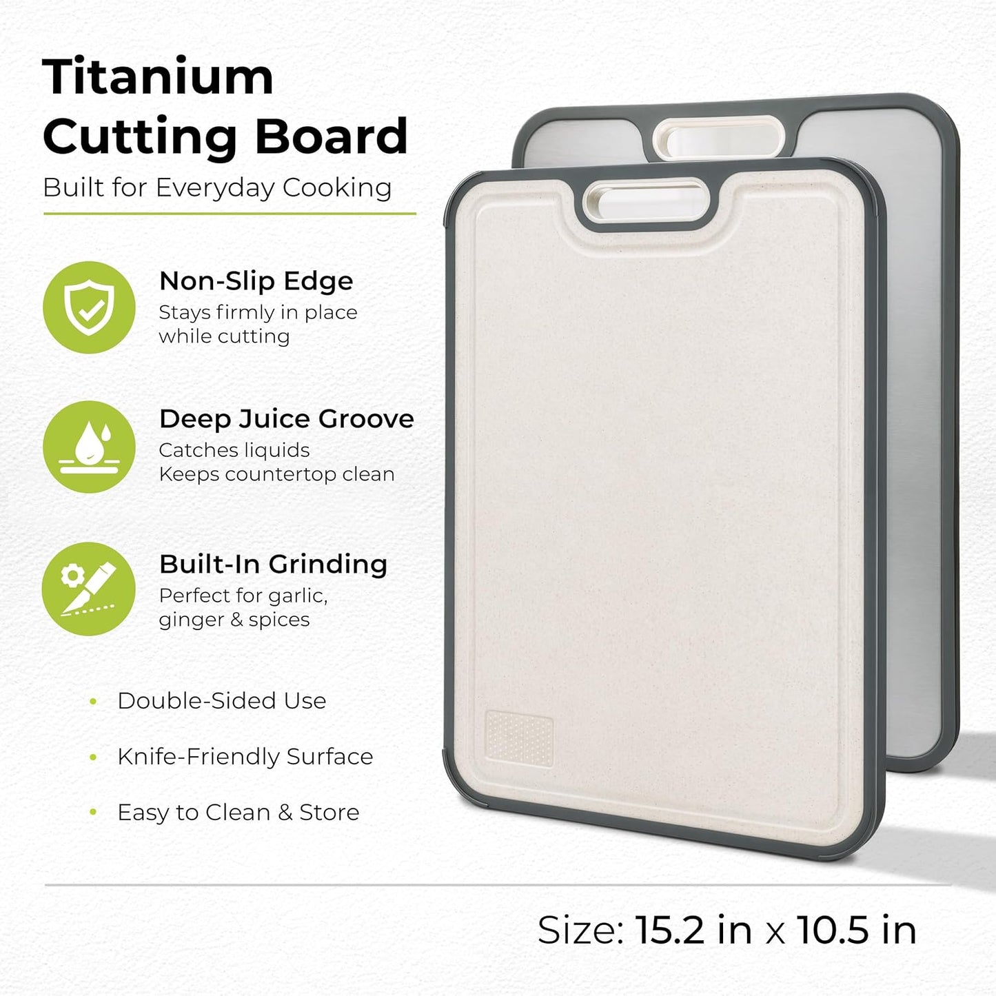 Titanium Cutting Board for Kitchen, Set of 2, Double Sided Cutting Boards, Pure Titanium/PP, Chopping Board with Juice Grooves, Dishwasher Safe, Medium 12.1" by 8.3" and Large 16.2" by 11"