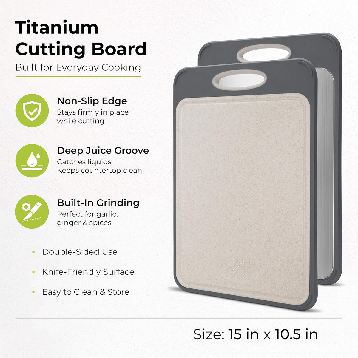 Titanium Cutting Board for Kitchen, Set of 2, Double Sided Cutting Boards, Pure Titanium/PP, Chopping Board with Juice Grooves, Dishwasher Safe, Medium 12.1" by 8.3" and Large 16.2" by 11"