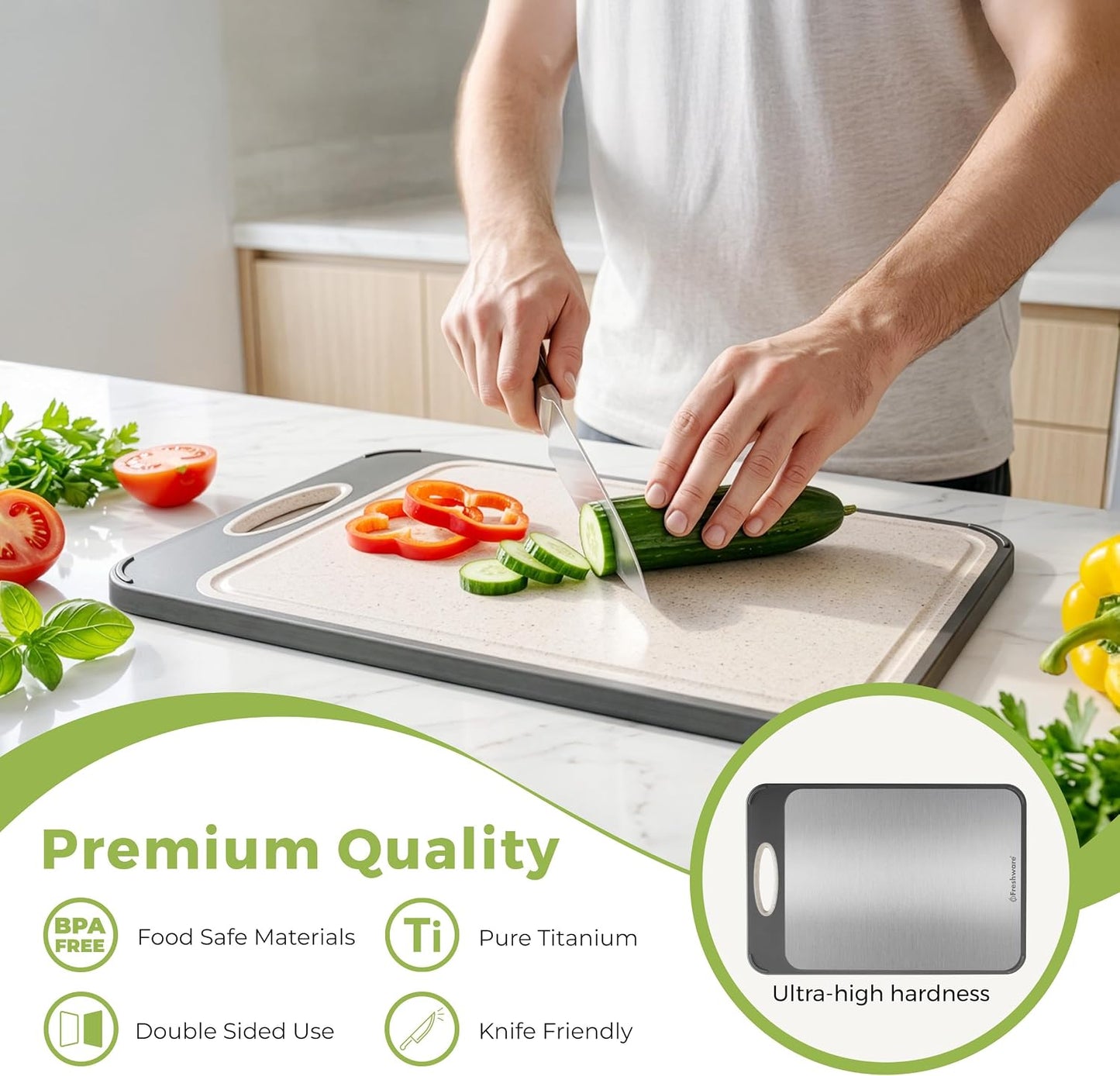 Titanium Cutting Board for Kitchen, Set of 2, Double Sided Cutting Boards, Pure Titanium/PP, Chopping Board with Juice Grooves, Dishwasher Safe, Medium 12.1" by 8.3" and Large 16.2" by 11"