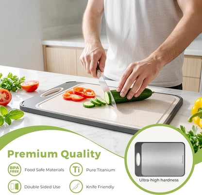 Titanium Cutting Board for Kitchen, Set of 2, Double Sided Cutting Boards, Pure Titanium/PP, Chopping Board with Juice Grooves, Dishwasher Safe, Medium 12.1" by 8.3" and Large 16.2" by 11"