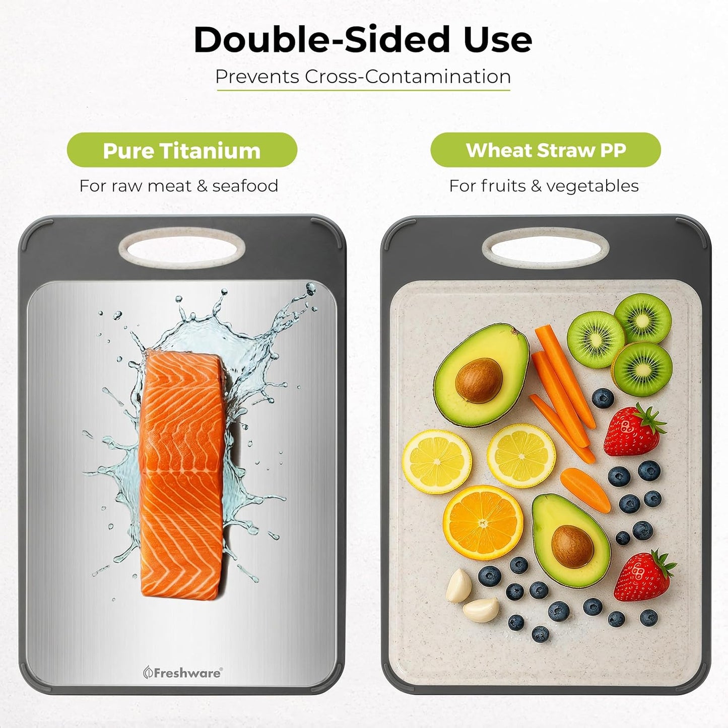 Titanium Cutting Board for Kitchen, Set of 2, Double Sided Cutting Boards, Pure Titanium/PP, Chopping Board with Juice Grooves, Dishwasher Safe, Medium 12.1" by 8.3" and Large 16.2" by 11"