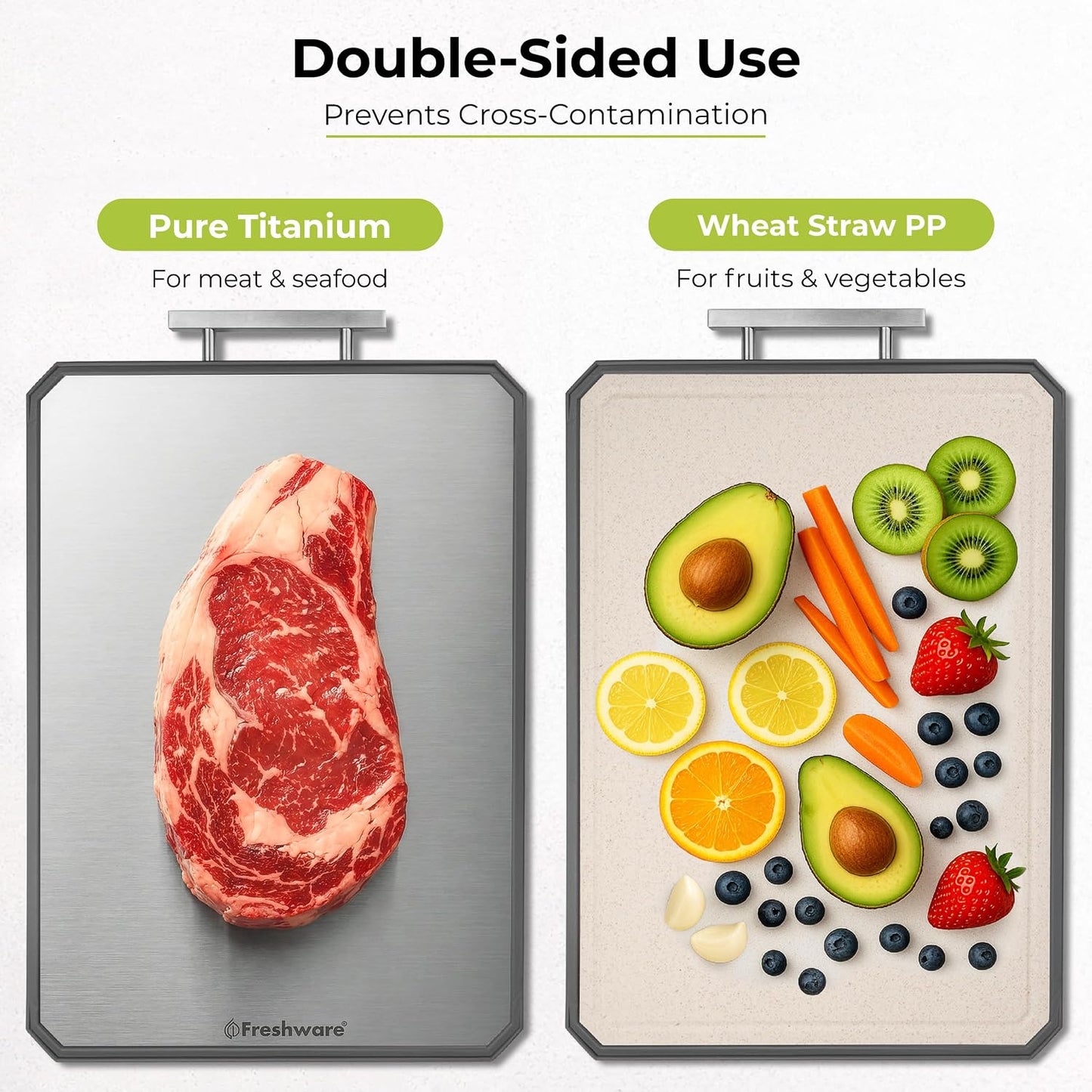 Titanium Cutting Board for Kitchen, Set of 2, Double Sided Cutting Boards, Pure Titanium/PP, Chopping Board with Juice Grooves, Dishwasher Safe, Medium 12.1" by 8.3" and Large 16.2" by 11"